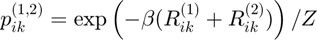 $p_{ik}^{(1,2)} = \exp \left(-\beta ( R_{ik}^{(1)} + R_{ik}^{(2)}) \right) / Z$