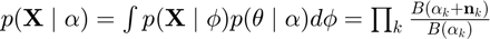 $p(\mathbf{X} \mid \alpha) = \int p(\mathbf{X} \mid \phi) p(\theta \mid \alpha) d\phi = \prod_k \frac{B(\alpha_k + \mathbf{n}_k)}{B(\alpha_k)}$