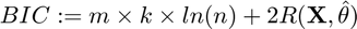 $BIC := m \times k \times ln (n) + 2 R(\mathbf{X},\hat{\theta})$