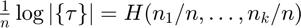 $\frac{1}{n} \log|\{\tau\}| = H(n_1/n,\ldots,n_k/n)$