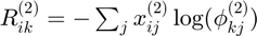$R_{ik}^{(2)} = -\sum_{j} x_{ij}^{(2)} \log(\phi_{kj}^{(2)})$